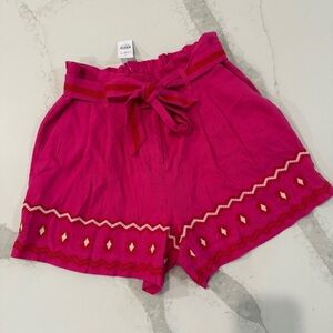 LOFT NWT Embroidered Paperbag Belted HR Shorts Womens Small Pink LinenBlend Boho
